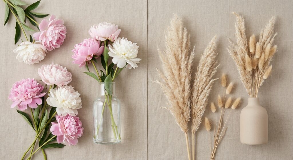A symmetrically composed split-scene flat lay on a textured beige background, perfectly divided down the center. The left side displays fresh pink and white peonies, their soft petals full of moisture. The right side mirrors the composition with dried, feathery beige pampas grass plumes and delicate bunny tail grass, emphasizing textural contrast. The entire scene is bathed in soft, natural light, embodying a Pinterest home decor aesthetic.