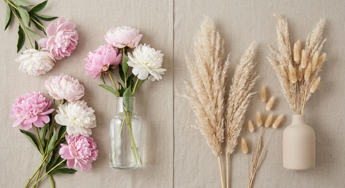 A symmetrically composed split-scene flat lay on a textured beige background, perfectly divided down the center. The left side displays fresh pink and white peonies, their soft petals full of moisture. The right side mirrors the composition with dried, feathery beige pampas grass plumes and delicate bunny tail grass, emphasizing textural contrast. The entire scene is bathed in soft, natural light, embodying a Pinterest home decor aesthetic.
