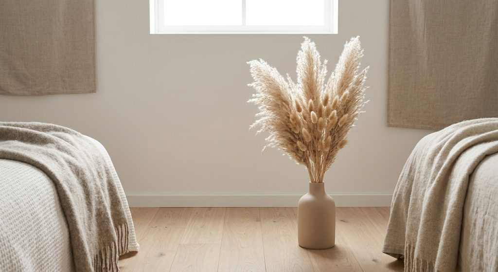 A serene minimalist Scandinavian interior. A boho-style dried flower arrangement, composed primarily of fluffy natural pampas grass plumes and dried bunny tail grass, is perfectly arranged within a matte, unglazed ceramic vase. The monochromatic room features light oak floors and textured neutral textiles. The soft, diffused daylight highlights the varied dried textures.