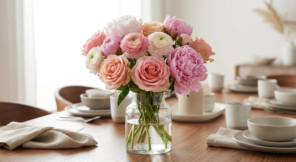 A vibrant, upscale dining scene illuminated by bright, natural daylight. A lush bouquet of fresh pink peonies, white roses, and delicate ranunculus is featured prominently in a simple clear glass vase. The vase rests on a polished wooden dining table set with neutral linen napkins and modern ceramic tableware, indicating a gathering.