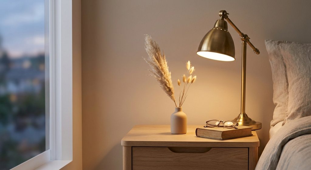 A close-up photograph of a styled nightstand made of light oak in a cozy bedroom. The surface holds a small, hand-thrown ceramic bud vase with a single stem of dried pampas grass. Beside it is a classic brass reading lamp, casting a warm golden glow. Soft evening light filters in from a nearby window, creating a peaceful ambiance.