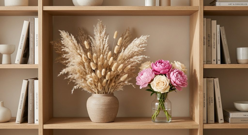 A detailed eye-level photograph of a wooden shelf display. The display combines a large, textured dried flower arrangement featuring pampas grass in an unglazed ceramic pot, positioned immediately beside a minimalist clear glass vase containing fresh pink peonies and cream roses. This layered composition clearly emphasizes the successful mix of dried textures and dewy petals under warm natural daylight.