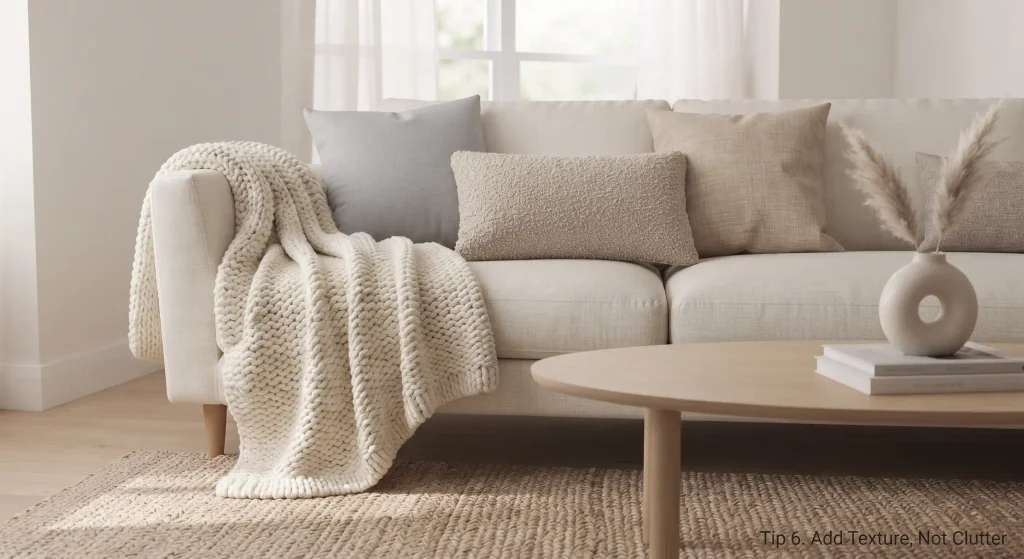 The cream linen sofa layered with a chunky knit wool throw and pillows of varying tactile fabrics like boucle and linen.