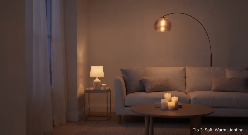 The same living room corner at dusk, illuminated by a floor lamp with a warm-toned bulb and small, glowing table lamps.