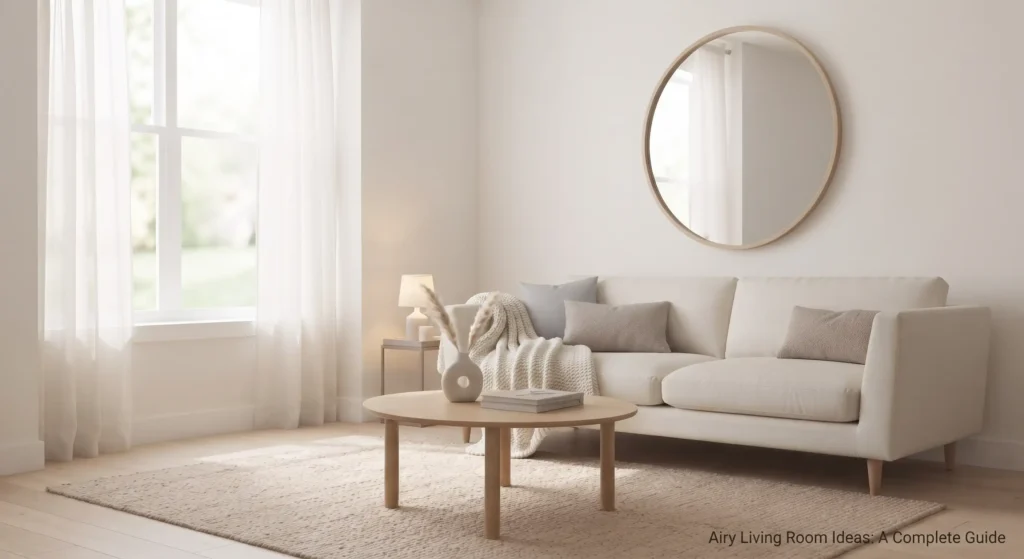 Bright and airy living room with a neutral cream sofa, round oak coffee table, sheer linen curtains, and a round wall mirror.