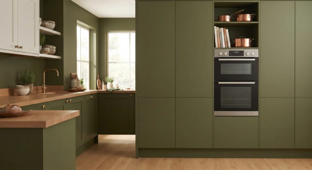 Sleek modern kitchen featuring rich olive green cabinets, integrated appliances, and warm wooden flooring