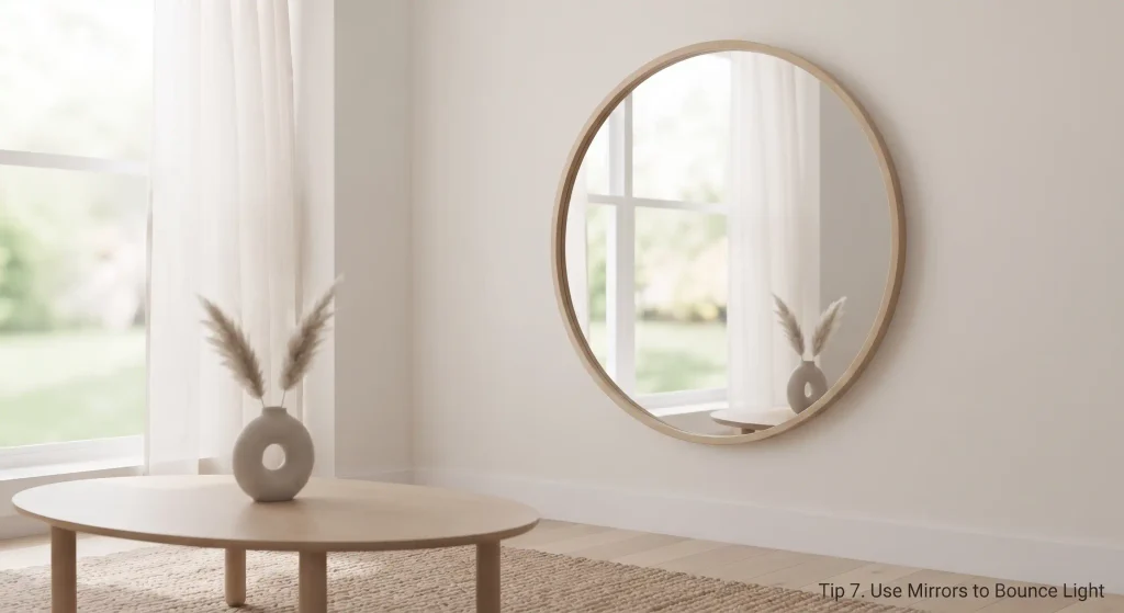 A large, round mirror with a light oak frame mounted on the off-white wall, reflecting the window and the opposite side of the room.