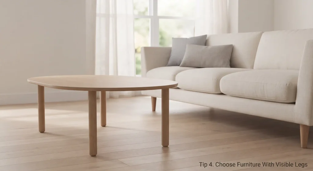 An eye-level photograph of the cream sofa and light oak coffee table, emphasizing their slender, tapered wooden legs.