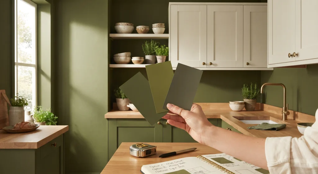 A person holding olive green paint swatches against a modern kitchen wall to test different tones in natural light
