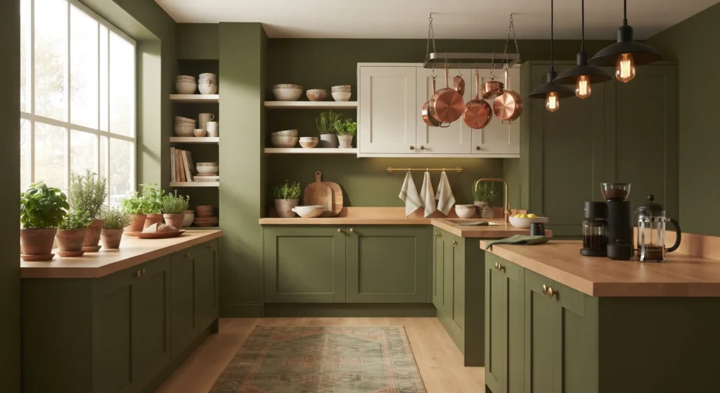 A modern kitchen with rich olive green walls and cabinets, natural wood countertops, open shelving, and warm brass fixtures