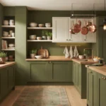 A modern kitchen with rich olive green walls and cabinets, natural wood countertops, open shelving, and warm brass fixtures