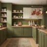 A modern kitchen with rich olive green walls and cabinets, natural wood countertops, open shelving, and warm brass fixtures