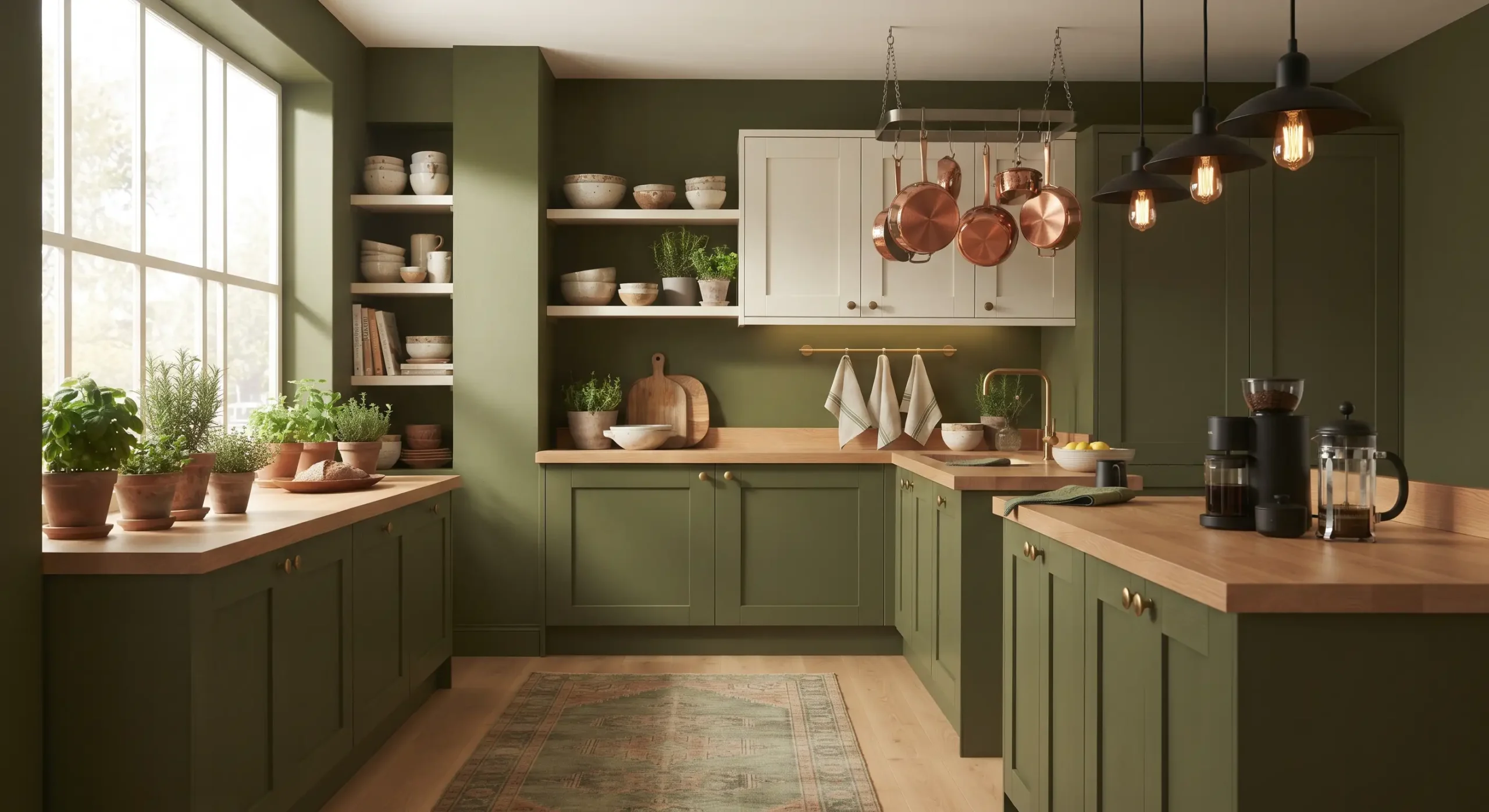 A modern kitchen with rich olive green walls and cabinets, natural wood countertops, open shelving, and warm brass fixtures