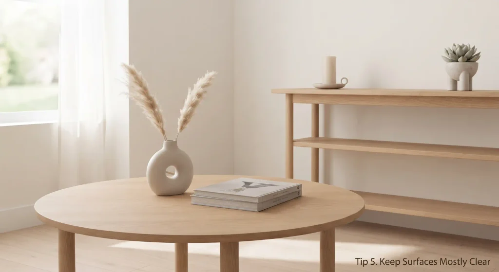 A minimalist close-up of the light oak coffee table, styled with only a ceramic vase and two art books, showcasing negative space.