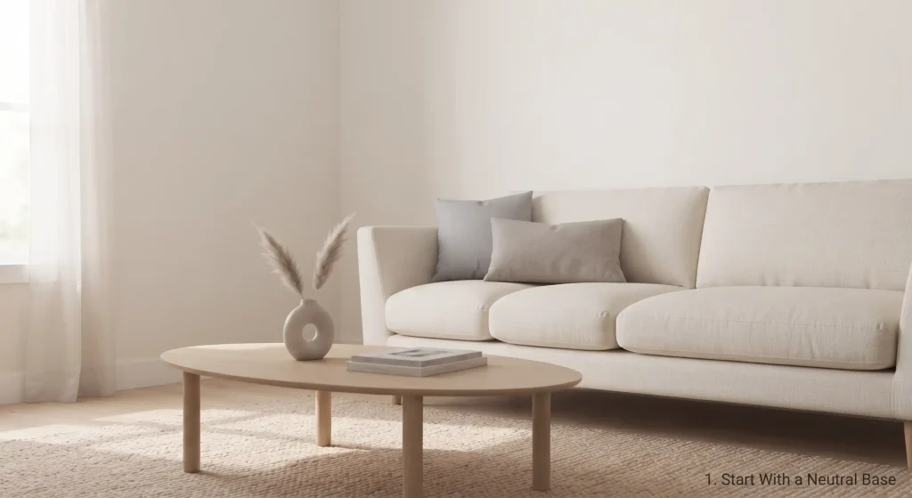 Close-up of a minimalist living room corner with a warm off-white wall, cream linen sofa, and a round light oak coffee table.