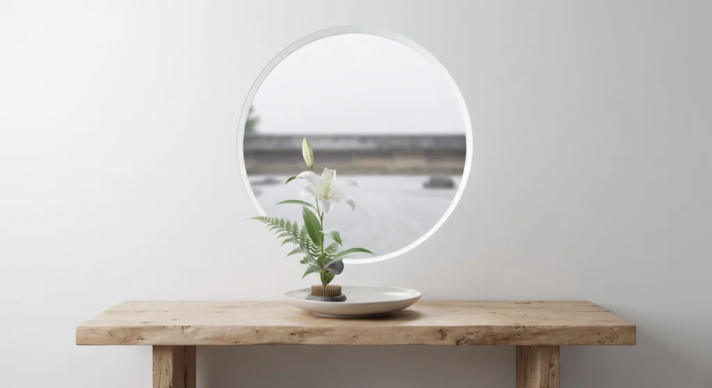 A complete minimalist ikebana arrangement with a white lily and green fern on a stone kenzan, centered on a light-wood table against a white wall with a circular window.