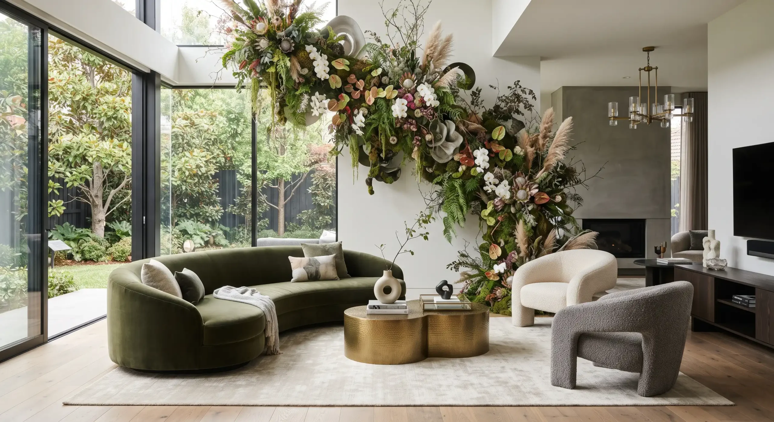 A contemporary luxury living room featuring a dramatic architectural moss and floral installation curving across the wall and ceiling, green velvet sofa, and gold coffee table.