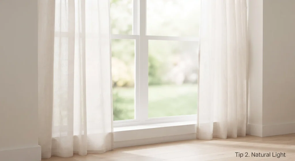 A large living room window with heavy curtains removed, replaced by sheer white linen drapes pulled back to allow bright daylight.