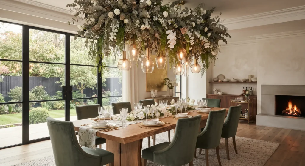 A luxury dining room with a suspended overhead ceiling installation of dried eucalyptus, greenery, and white florals over a long oak table.