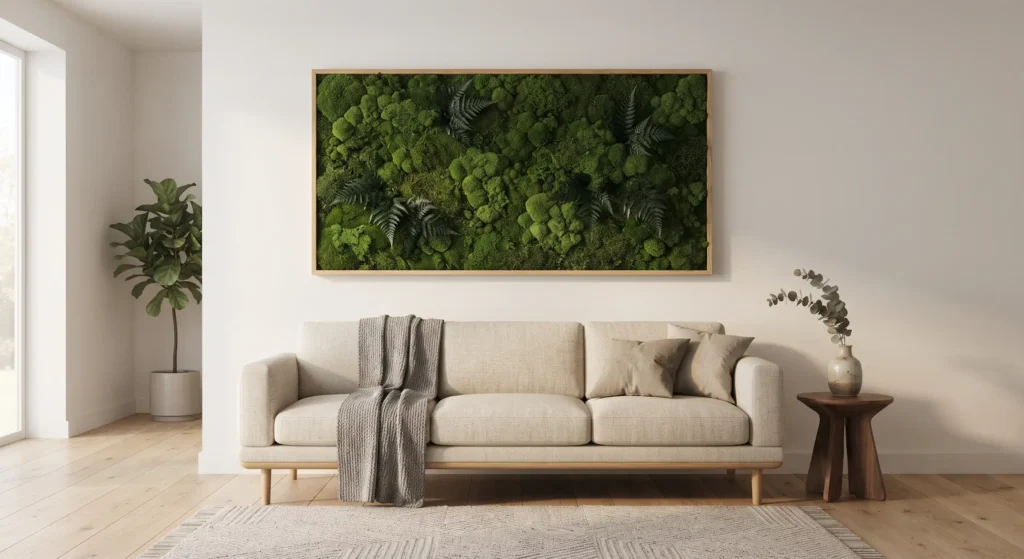 A minimalist living room wall featuring a large, framed preserved moss art installation above a neutral beige sofa.