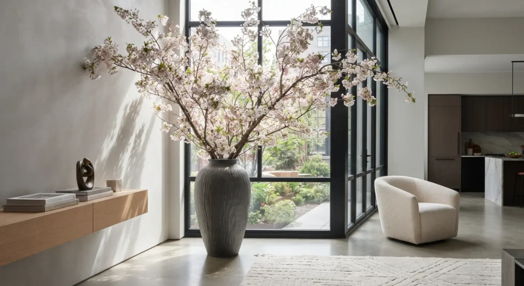 A tall, textured grey ceramic floor vase filled with blooming cherry blossom branches in a sunlit modern room corner.