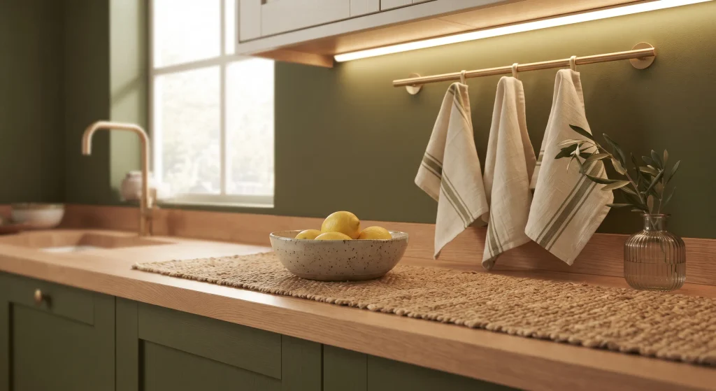 Close-up of a kitchen counter with a jute runner, ceramic bowls, fresh lemons, and under-cabinet warm strip lighting against an olive green wall.